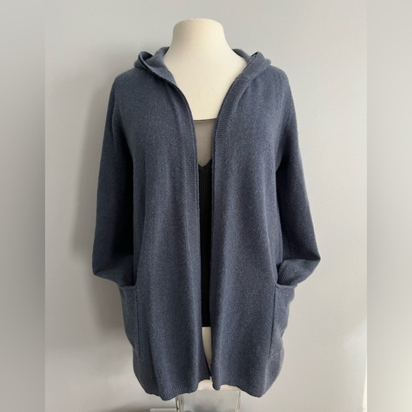 Tahari Sweaters - Tahari Hooded Cashmere Long Cardigan Sweater Coat Wrap Blue Womens M